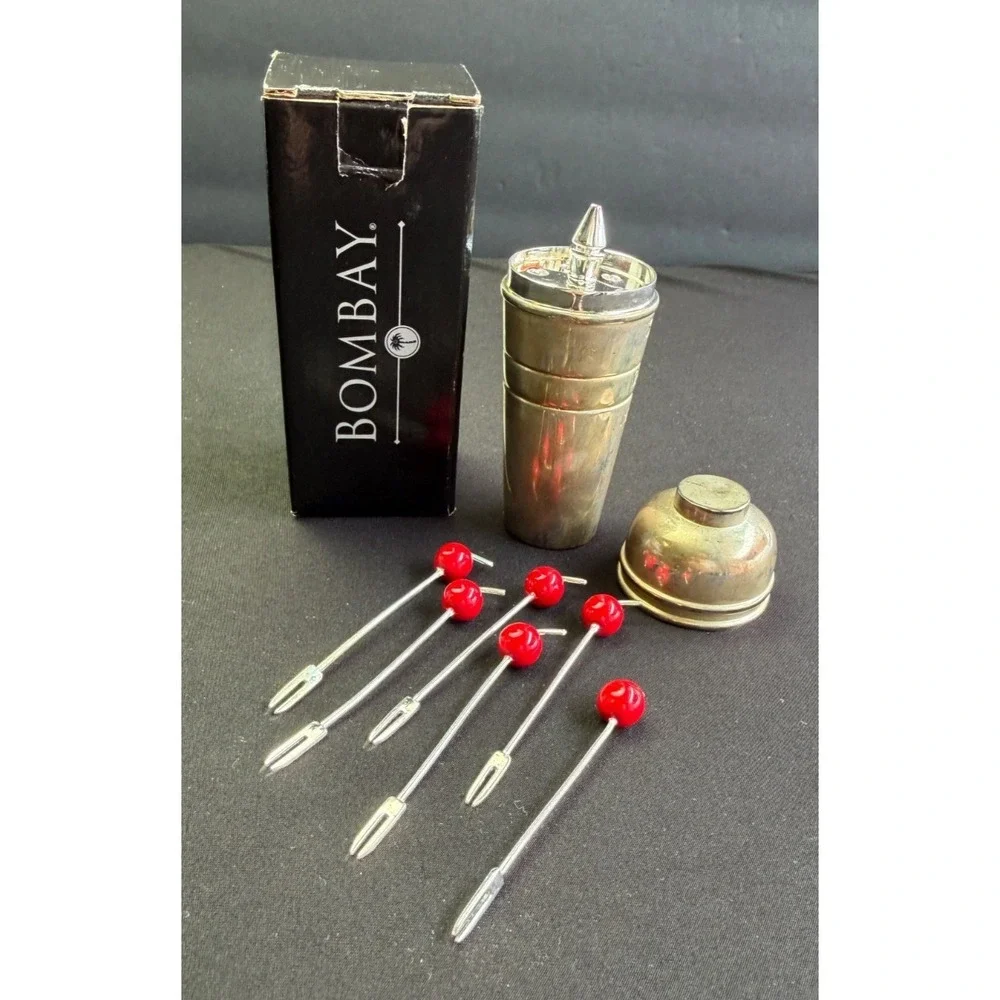 Vintage Bombay Silver Mini Cocktail Shaker Cherry Cocktail‎ Sticks Picks Jigger